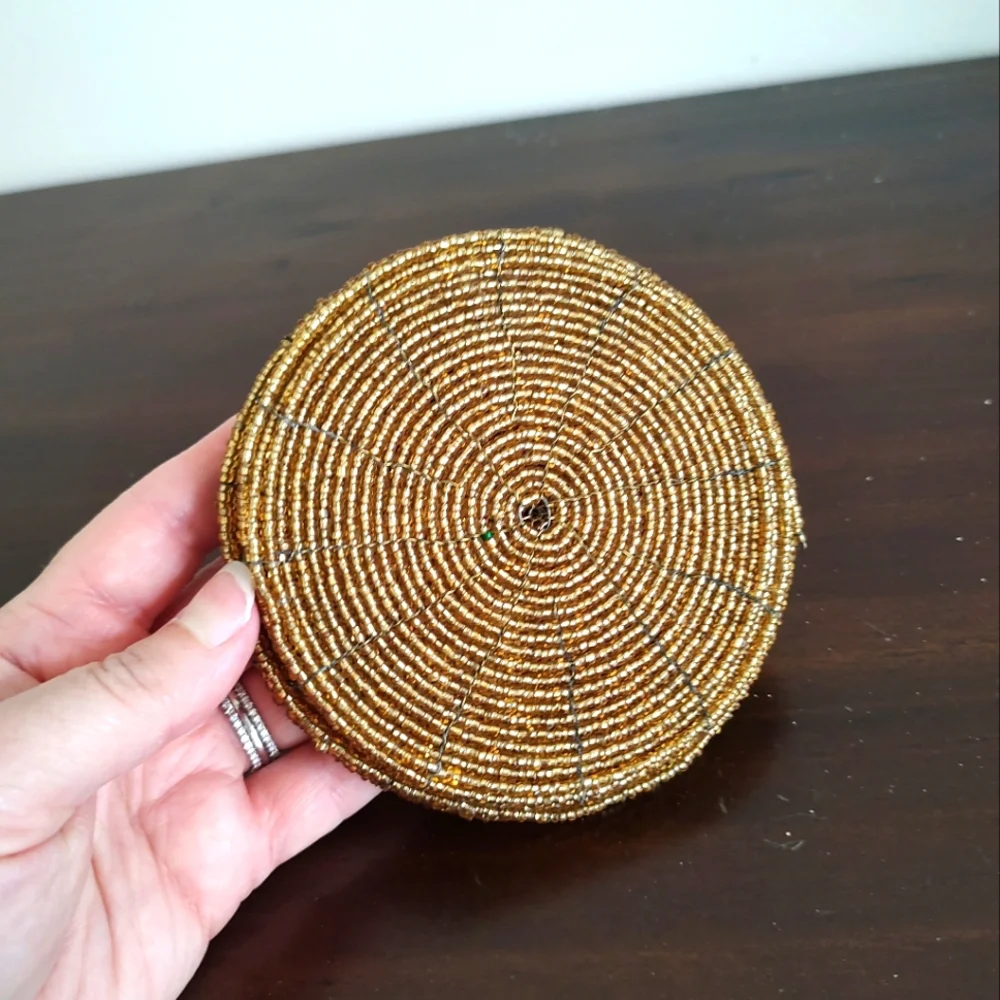 VTG Pier 1 Set Of Four Gold Beaded Coasters With Beaded Holder